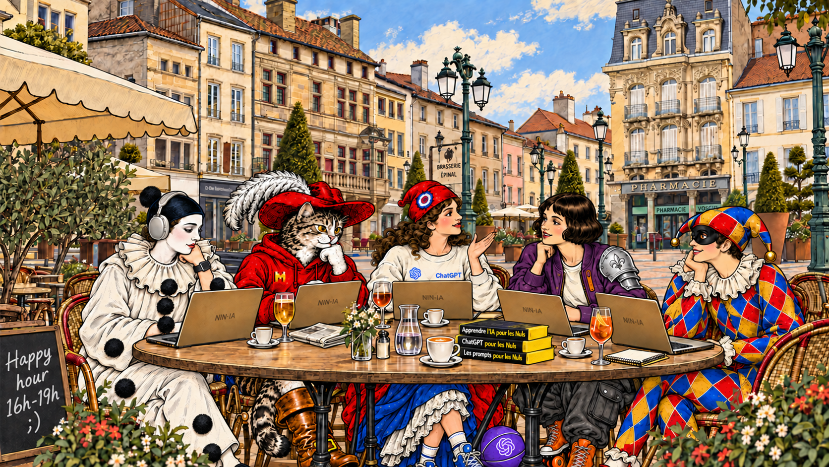 Pierrot avec casque et montre connectée, le Chat botté en sweat rouge, Marianne en pull ChatGPT, Jeanne d’Arc en veste violette et rollers orange, et Arlequin travaillent ensemble sur leurs ordinateurs autour d’une table en terrasse, place des Vosges à Épinal.