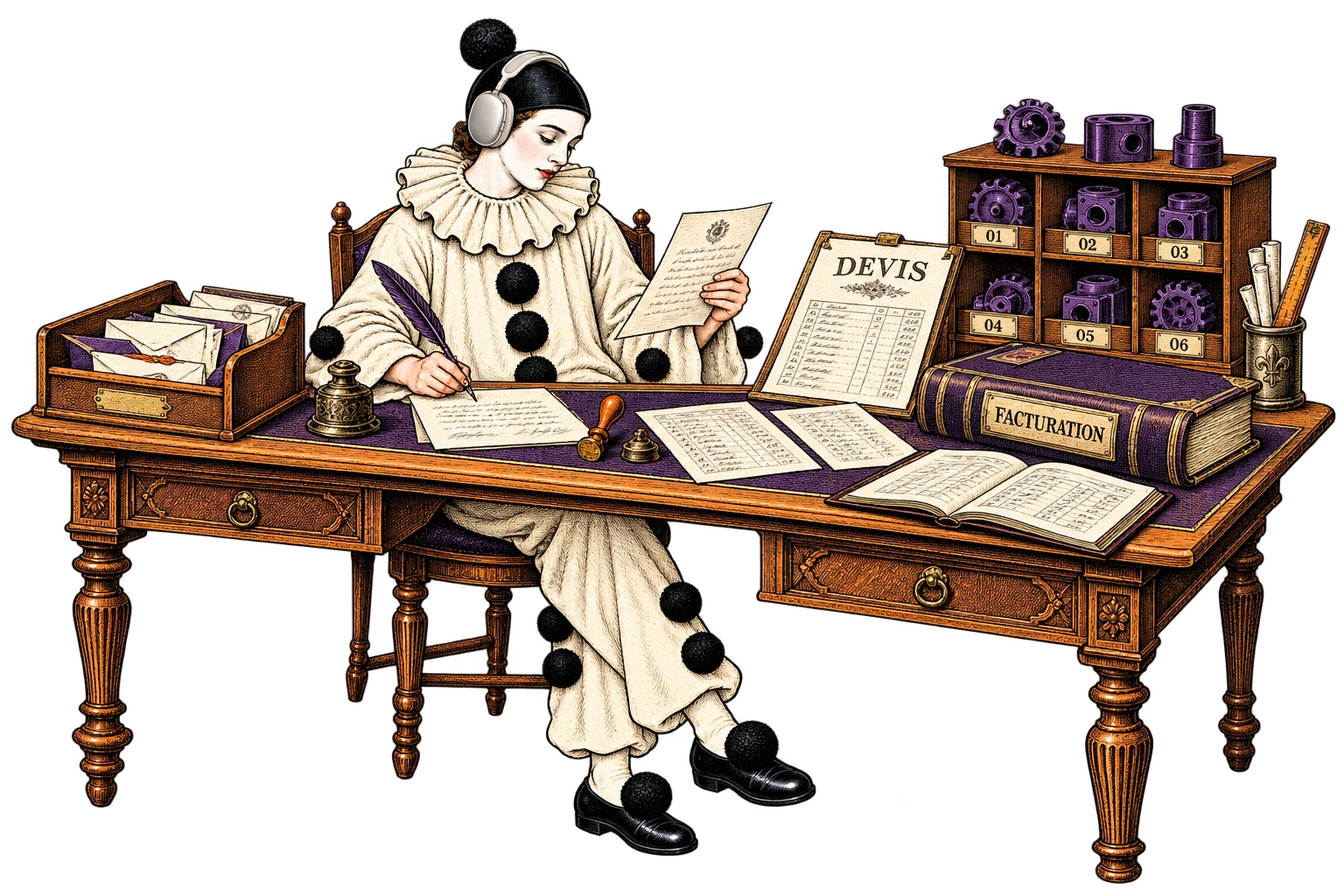 L’agent à son bureau, entre courriers, devis, facturation et stocks. Gravure dans le style des images d’Épinal.