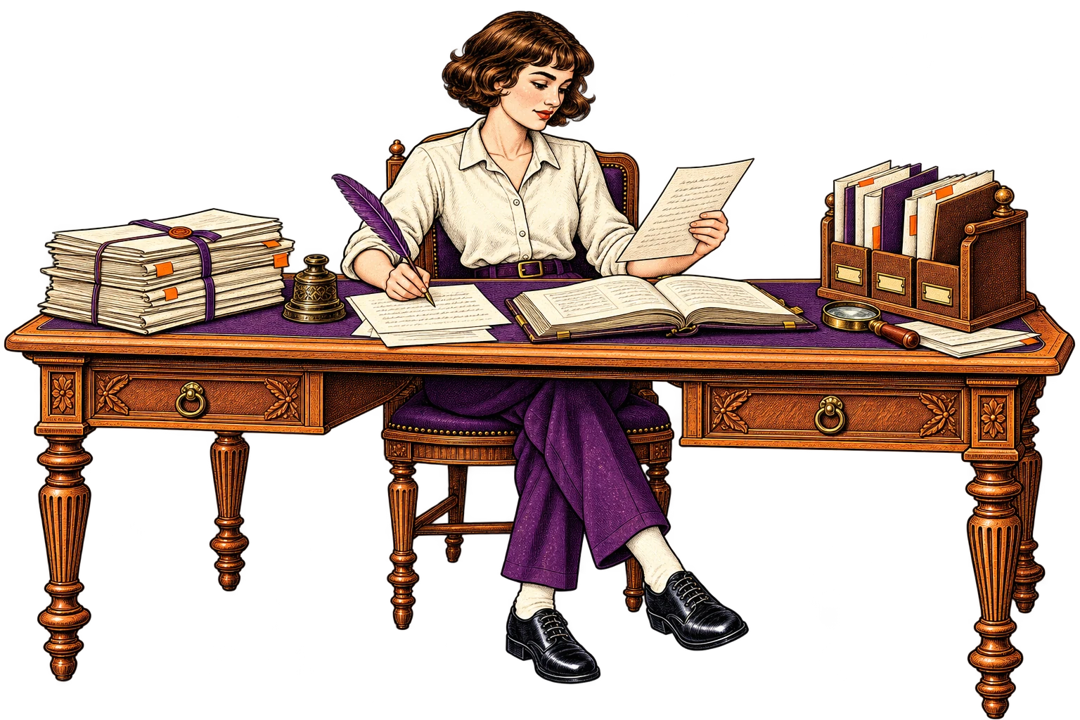 Jeanne d’Arc à son bureau compare un référentiel, des dossiers et des pièces justificatives. Gravure dans le style des images d’Épinal.