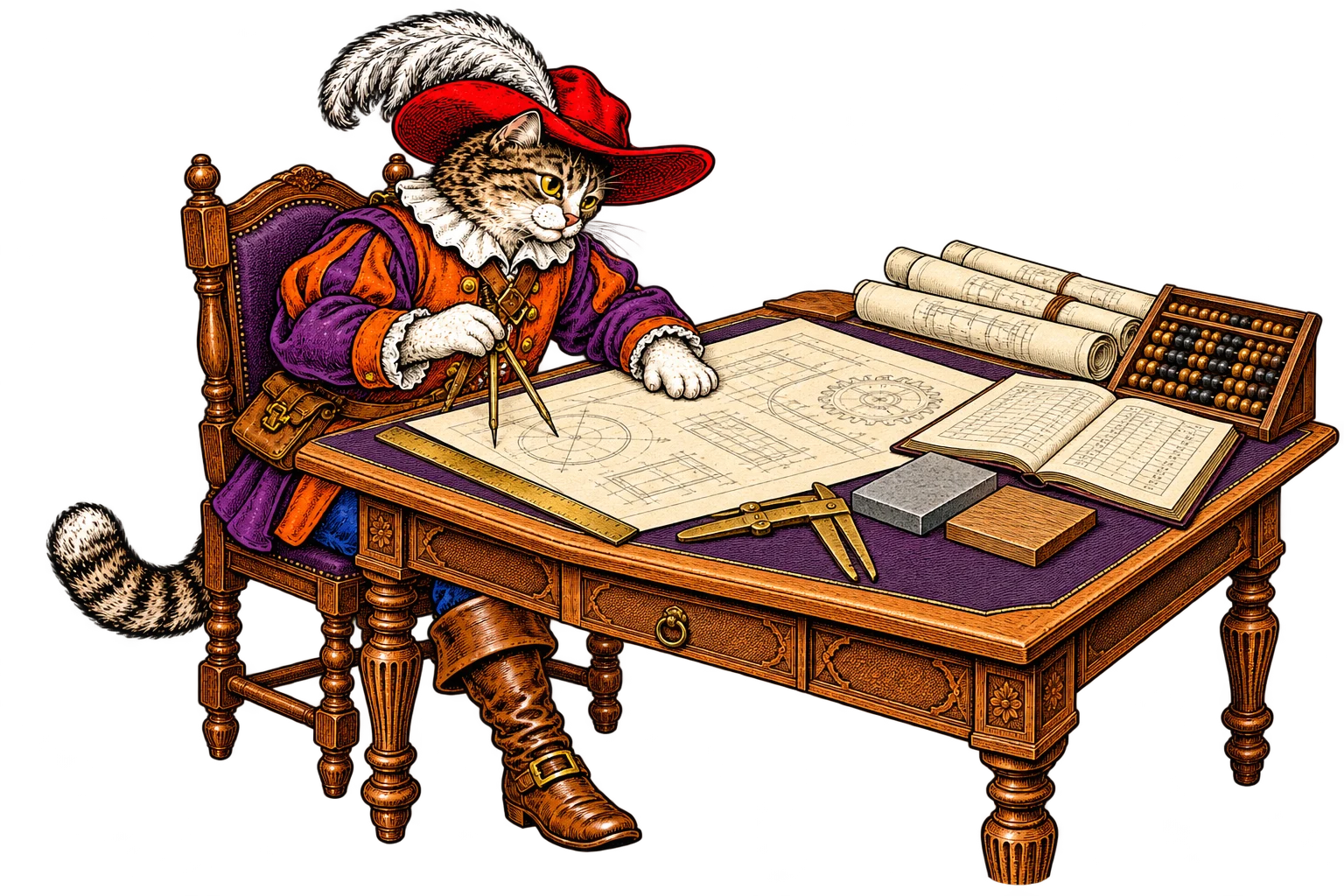 Le Chat botté étudie un plan à son bureau, avec compas, règle et registre de calcul. Gravure colorée dans le style des images d’Épinal.