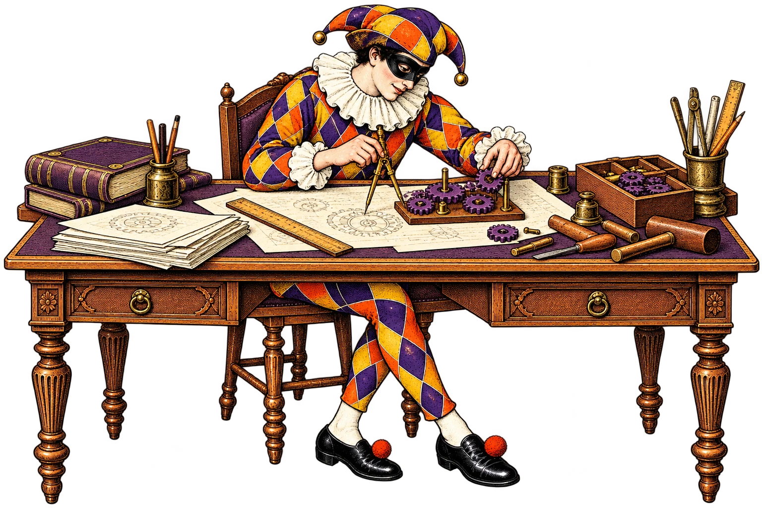 Arlequin artisan à son établi, dessinant un plan et assemblant des rouages entre documents et outils. Une gravure dans le style des images d’Épinal.