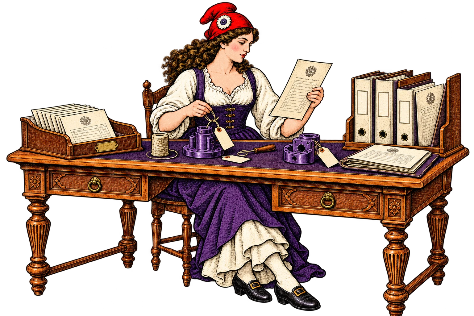 Marianne à son établi, reliant un certificat à une pièce étiquetée, près des dossiers de fabrication. Gravure dans le style des images d’Épinal.