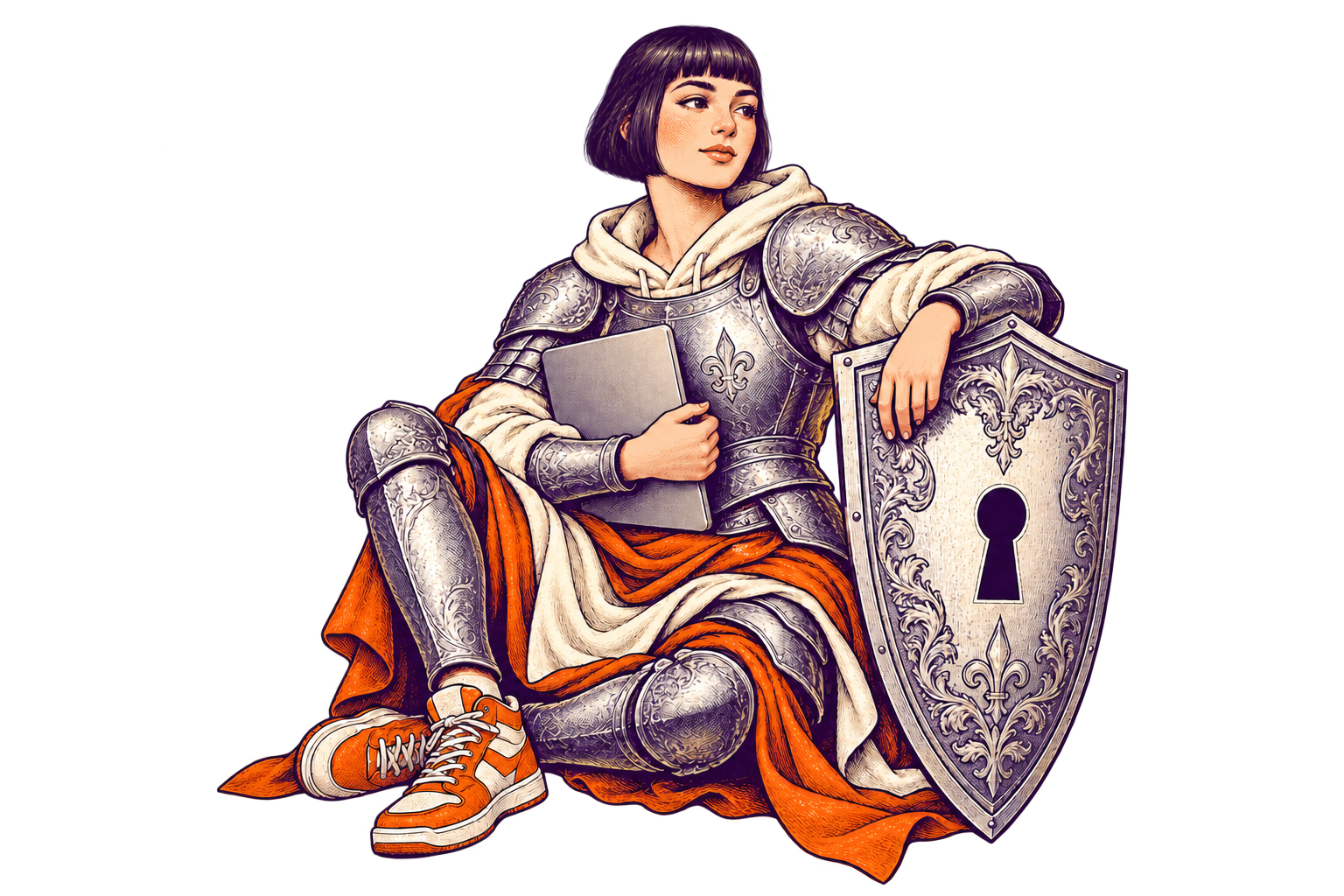 Jeanne d’Arc, réinterprétée en gravure contemporaine, protège un ordinateur avec un bouclier.